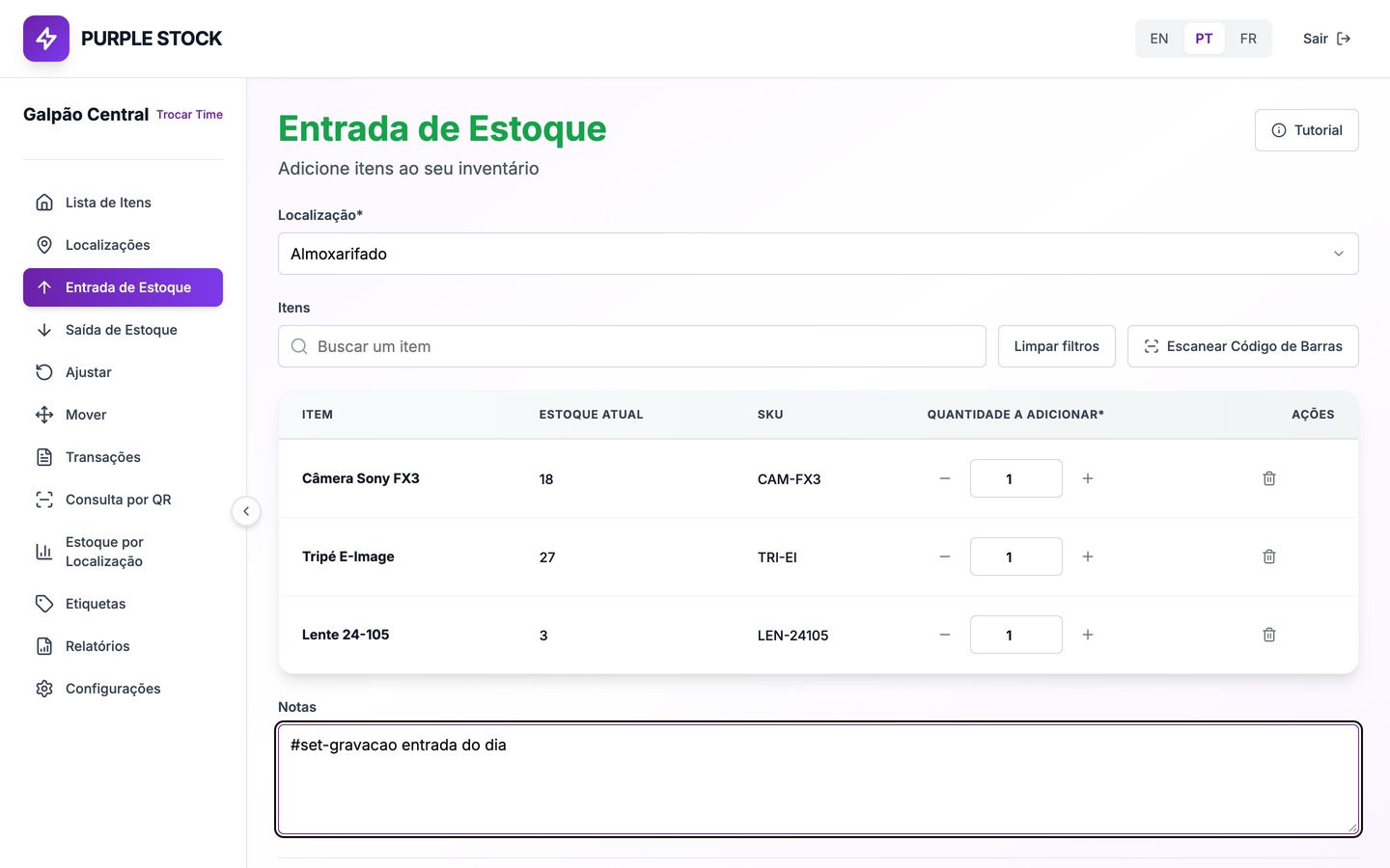 Entrada de estoque no Purple Stock com nota da peça.