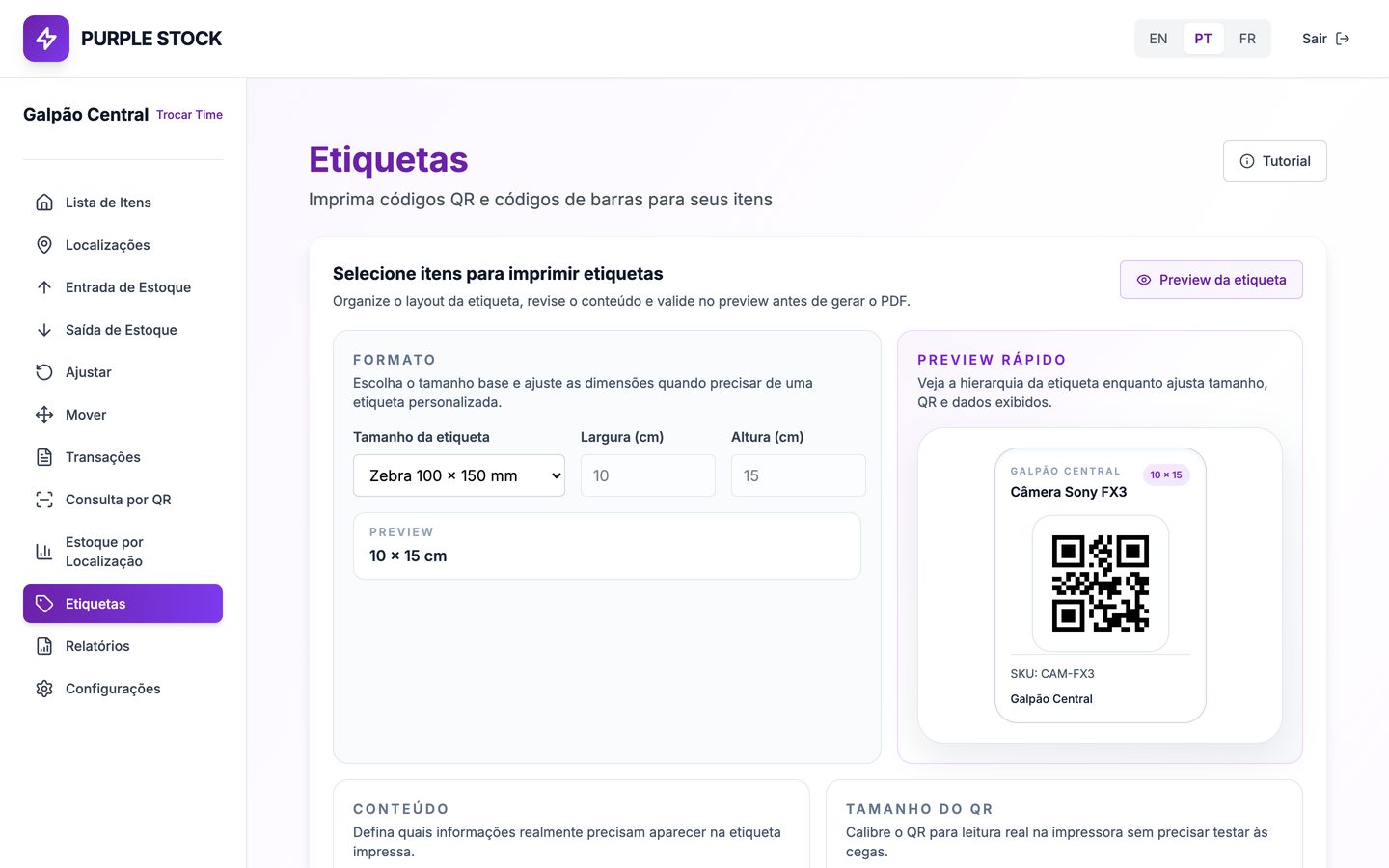 Tela de etiquetas do Purple Stock com preview do QR da unidade.