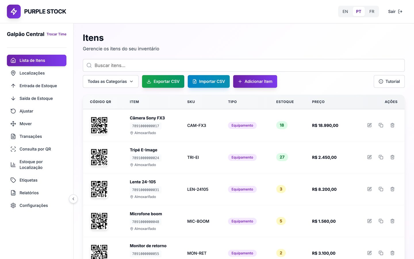 Lista de itens no Purple Stock: cada unidade com QR, SKU e estoque.