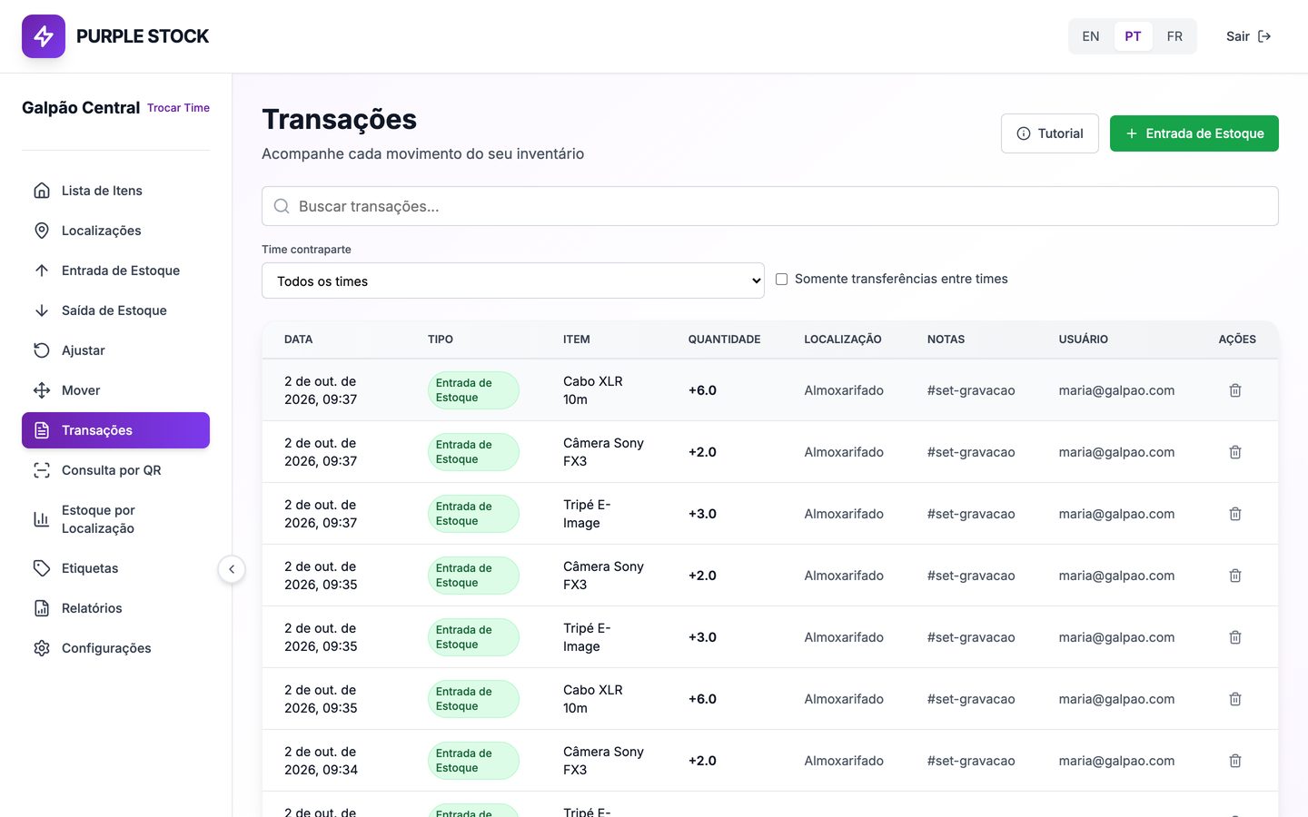Histórico de transações no Purple Stock com usuário e nota.